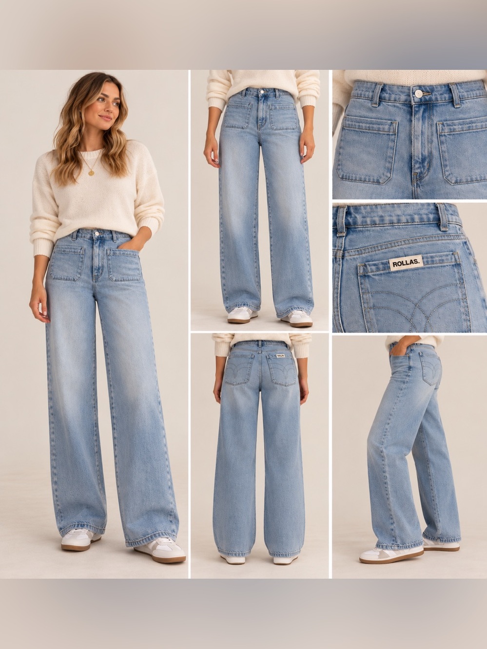 Rolla’s High Rise Wide Leg Jeans 29 Light Wash Square Patch Pockets